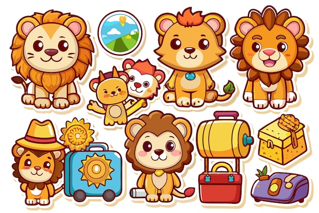 Vector cartoon lion stickers with travel themed illustrations