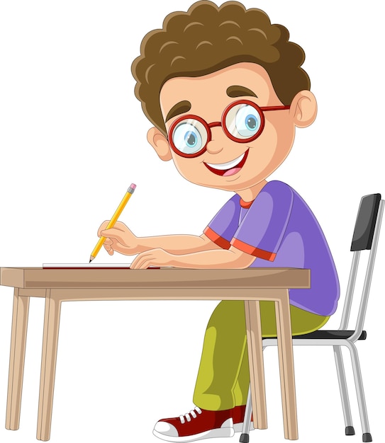 Cartoon little boy studying on the desk