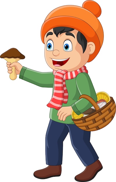 Cartoon little boy with basket of mushrooms