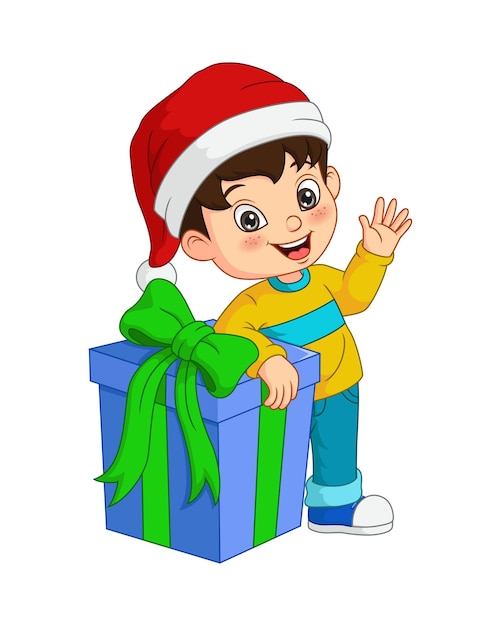 Vector cartoon little boy with huge gift box