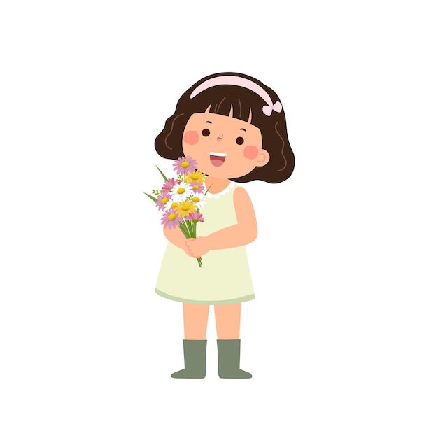 Vector cartoon little girl holding a bouquet of flowers