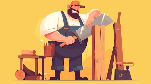 a cartoon of a lumberjack with a hammer and a wooden fence