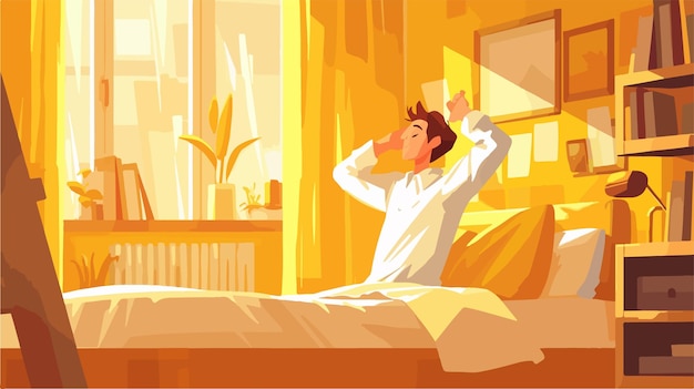 Vector a cartoon of a man in bed with his mouth open and a man in a white shirt is looking up at the window