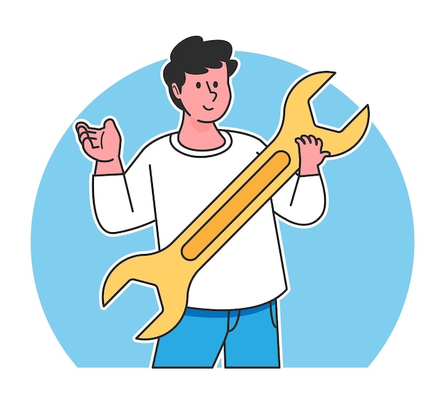 Vector cartoon man holding wrench