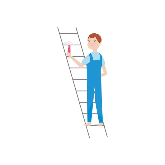 Cartoon man on a ladder holding a hammer over white background