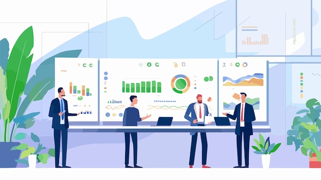 a cartoon of a man in a suit talking in front of a wall of a chart that says financial data