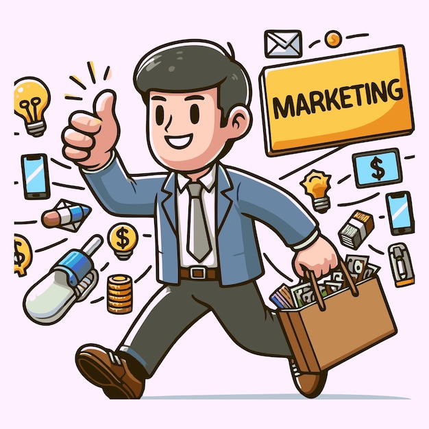 Vector a cartoon of a man with a briefcase and a sign that says quot marketing quot