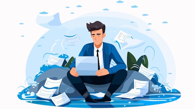 a cartoon of a man with a pile of papers and a pile of papers