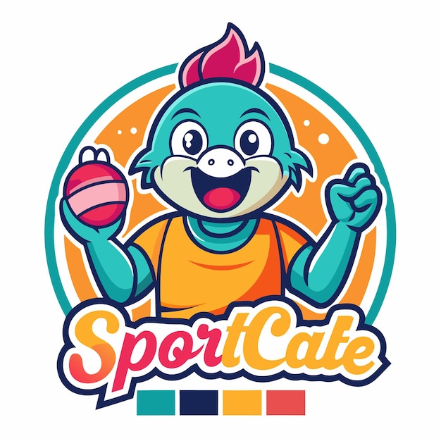 Vector cartoon mascot with ball holding logo for a sports cafe