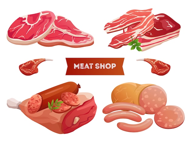 Cartoon meat products and fresh meat on white background