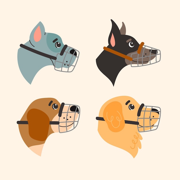 Vector cartoon muzzled dog illustrated set
