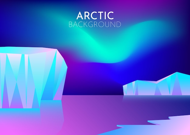 Cartoon  nature winter arctic ice landscape with iceberg, snow mountains hills. Polar night with aurora borealis northen lights.  abstract background. Minimalist style.  concept.