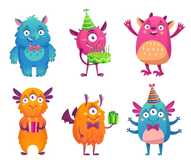 Cartoon party monsters celebrating happy event Cute fluffy characters with friendly smiles holding birthday cake