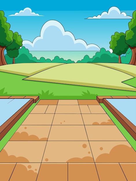 Vector cartoon pathway between two pools in a green field