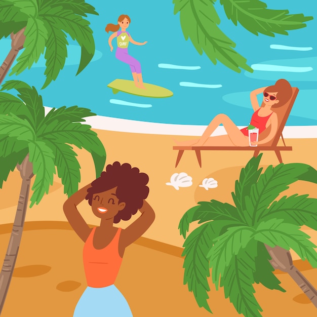 Cartoon people beach, weekend  illustration. Woman surfing on ocean wave, resting girl fruit cocktail, lie on sunbed, sunbathe