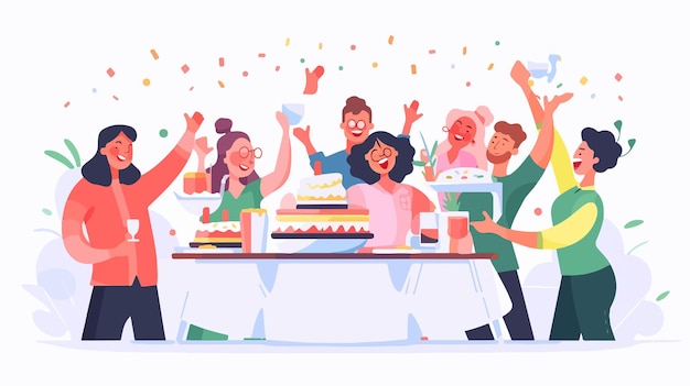 Vector a cartoon of people celebrating a birthday party with a cake and confetti on the table