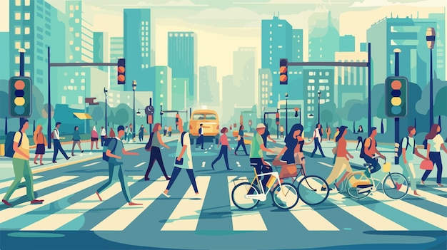 Vector a cartoon of people crossing a street with a picture of a city in the background