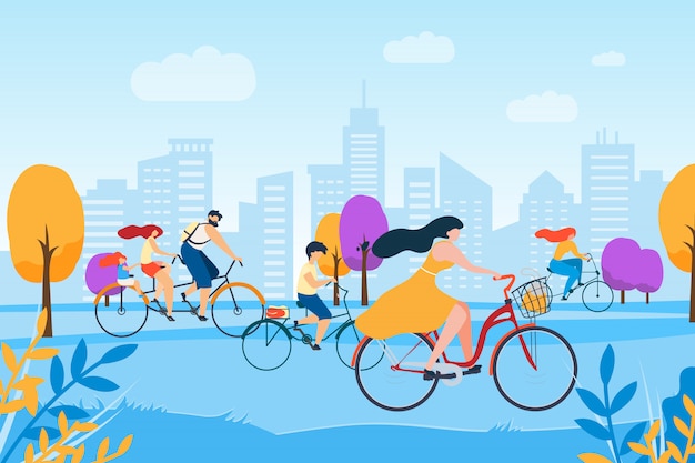 Cartoon People Cycling in Park 