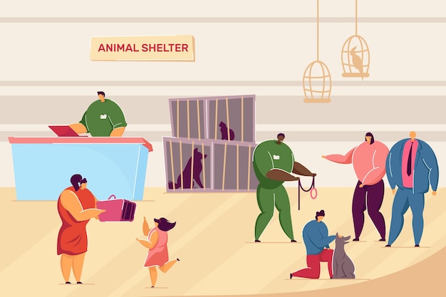 Cartoon people and pets in animal shelter. Flat vector illustration. Volunteers caring about dogs and cats, families adopting homeless pets sitting in cages. Animal, pet, adoption, care concept