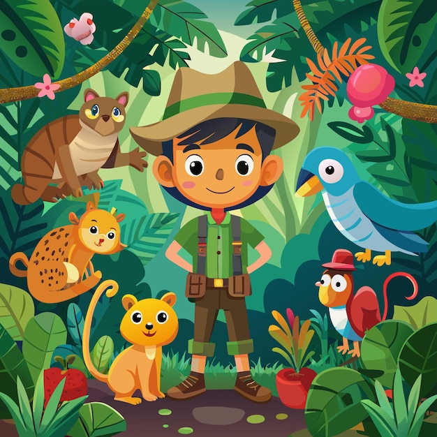 Vector a cartoon picture of a boy and some animals with a hat that says quot cat quot