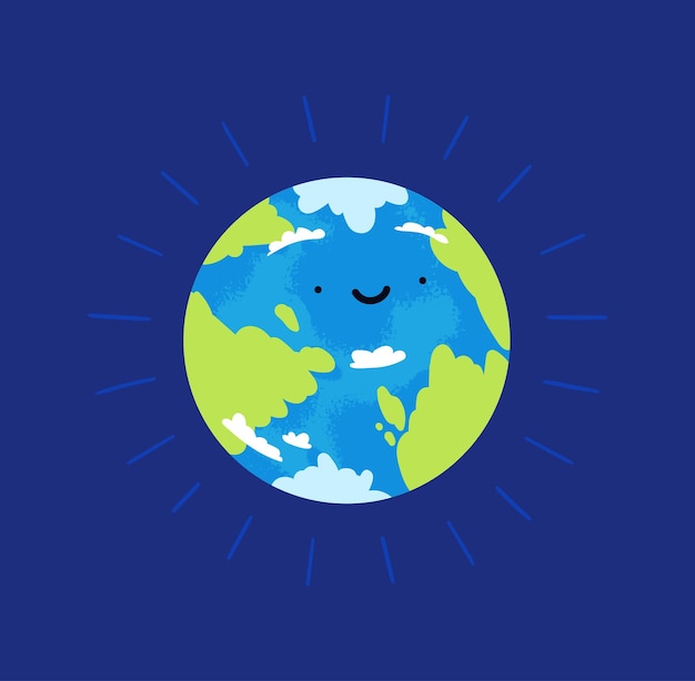 Vector cartoon planet earth shining on a blue background vector cute illustration of colored globe