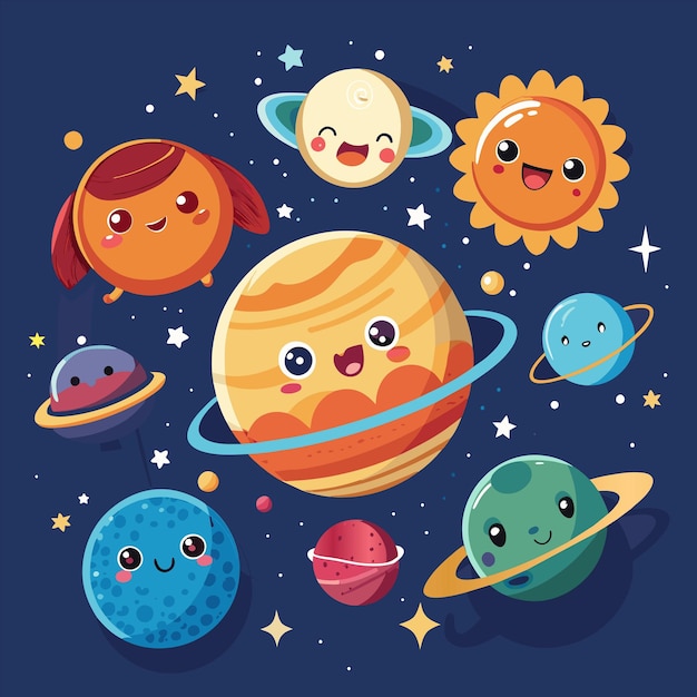 Vector a cartoon of planets and one of them has a blue background