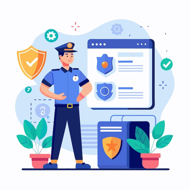 Vector cartoon policeman with web security shield