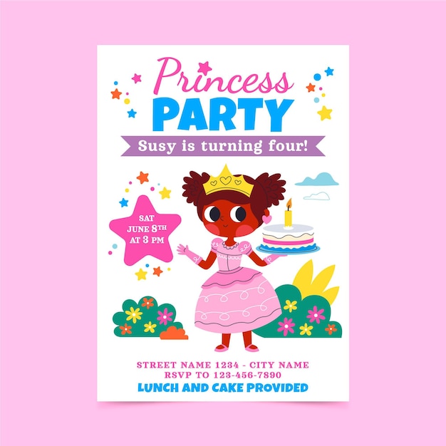 Cartoon princess birthday invitation template