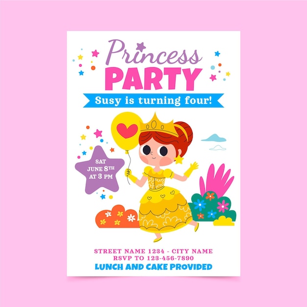 Cartoon princess birthday invitation template