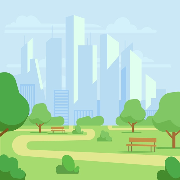 Cartoon public city park with skyscrapers cityscape illustration. Green park landscape