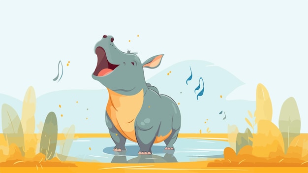 Vector cartoon rhino singing song standing 2d illustration