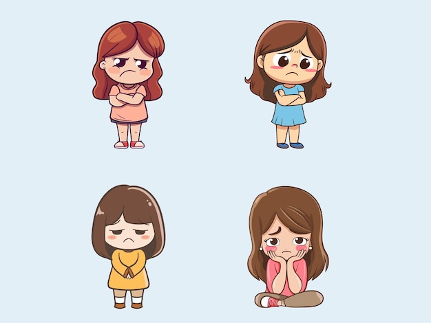 Vector cartoon sad girl emotions