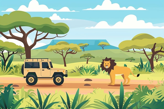 Vector cartoon safari scene with open jeep