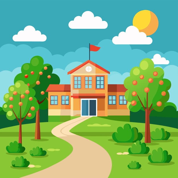 Vector a cartoon of a school with trees and a building with a flag on the top