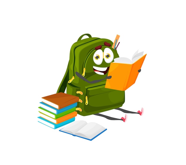 Cartoon schoolbag character reading the book