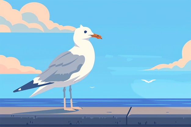 Vector cartoon seagull stands on pier