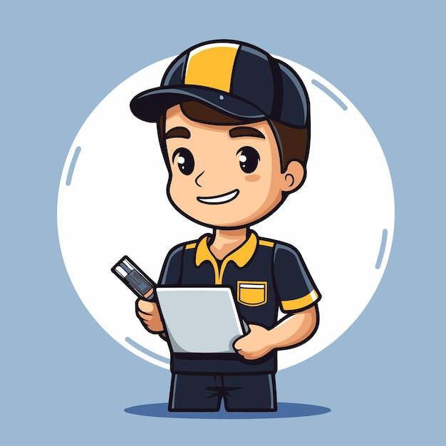 Cartoon security guard with laptop and credit card Vector illustration