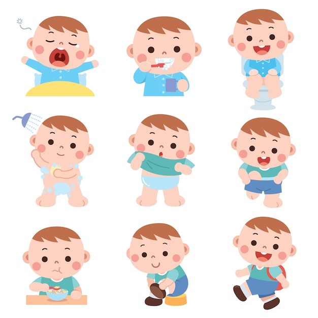 Cartoon set of daily routine child