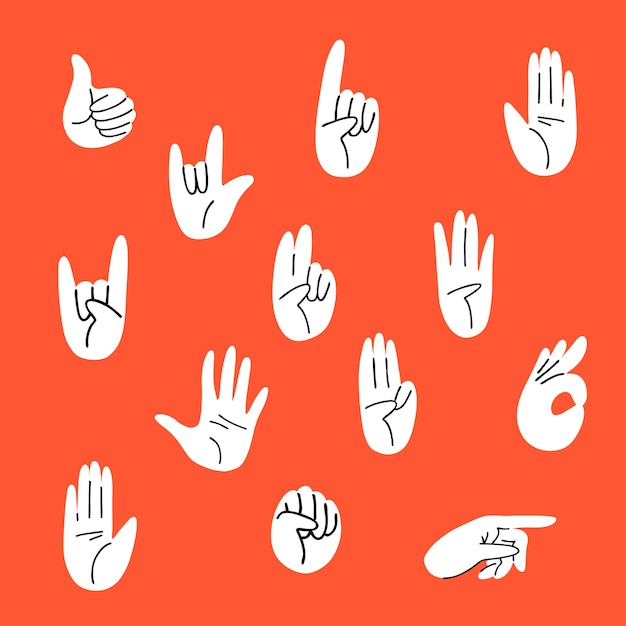 Vector cartoon set of gestures   on a red background