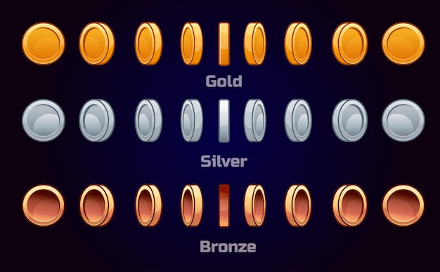 Cartoon set of metal coins, vector animation game turn-based Rotation.