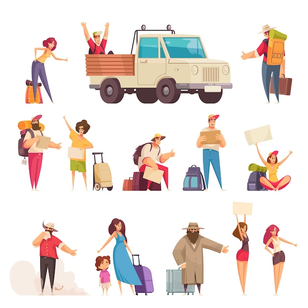 Cartoon set of people with maps bags and suitcases hitchhiking isolated on white background vector illustration