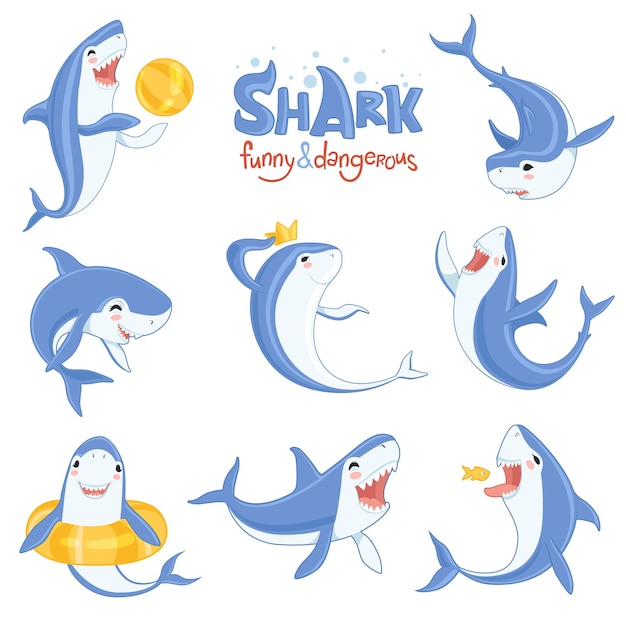 Cartoon shark swimming. Ocean big teeth blue fish smiling and angry  illustrations of mammals characters in various pose.