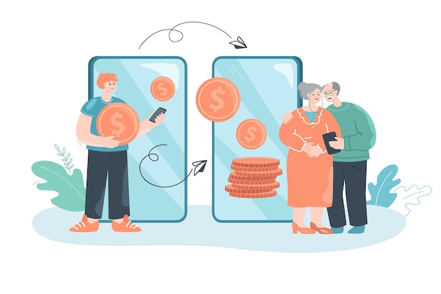 Vector cartoon son using mobile app to transfer money to old parents. young man sending coins to elderly mother and father flat vector illustration. family, finances concept for banner or landing web page