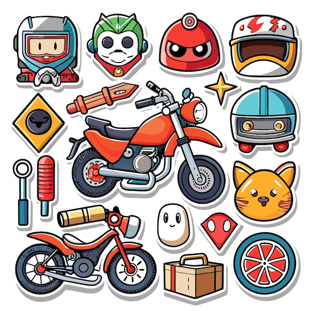 Cartoon stickers of motorcycle robots and tools