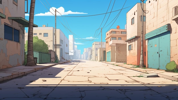 a cartoon of a street with a blue sky and a few clouds