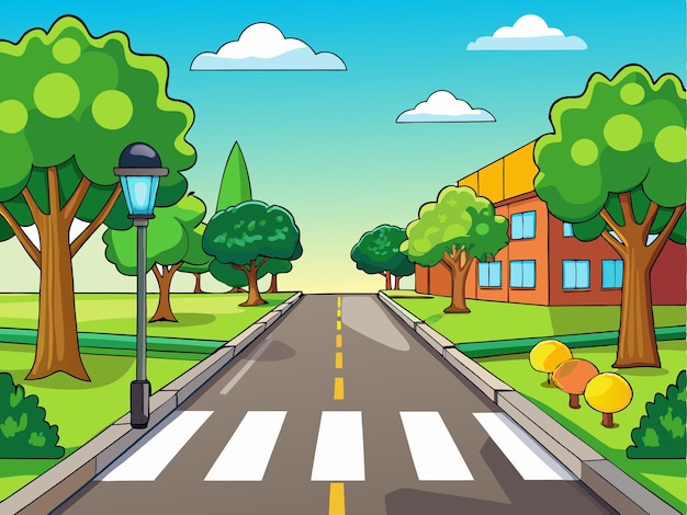 Vector a cartoon of a street with a tree and a street light