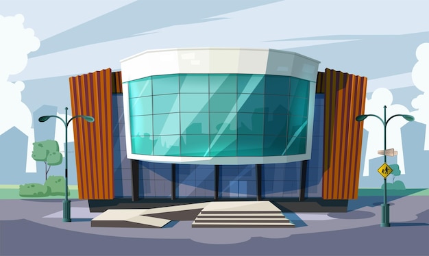 Cartoon style vector icon. Office building on a city site background.