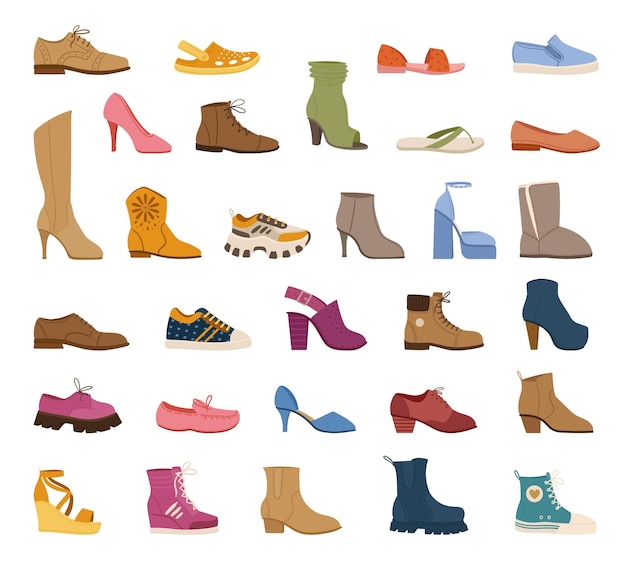 Cartoon stylish male and female footwear casual shoes and boots vector symbols illustrations set