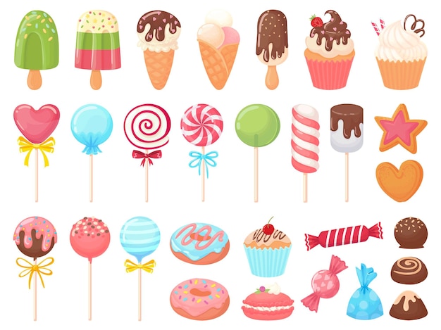 Cartoon sweets. Sweet ice cream, cupcakes and chocolate candies.