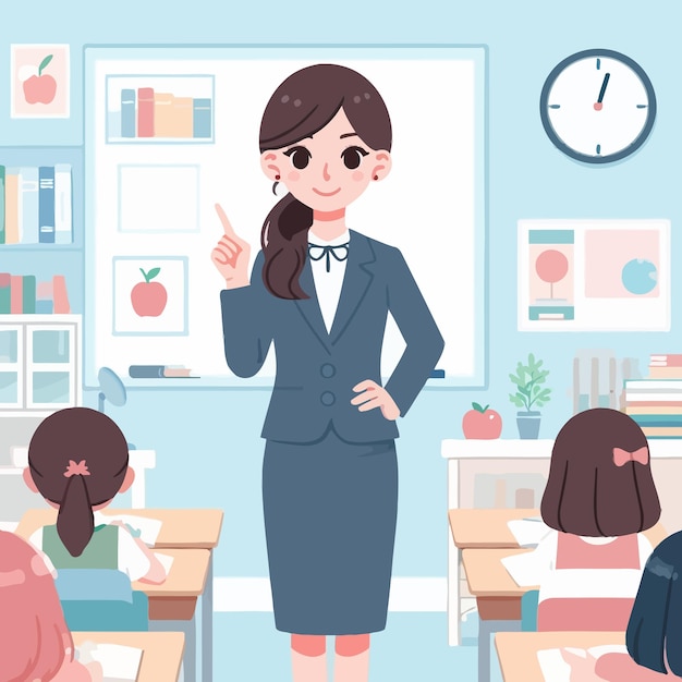 Vector a cartoon of a teacher in a classroom with a clock above her